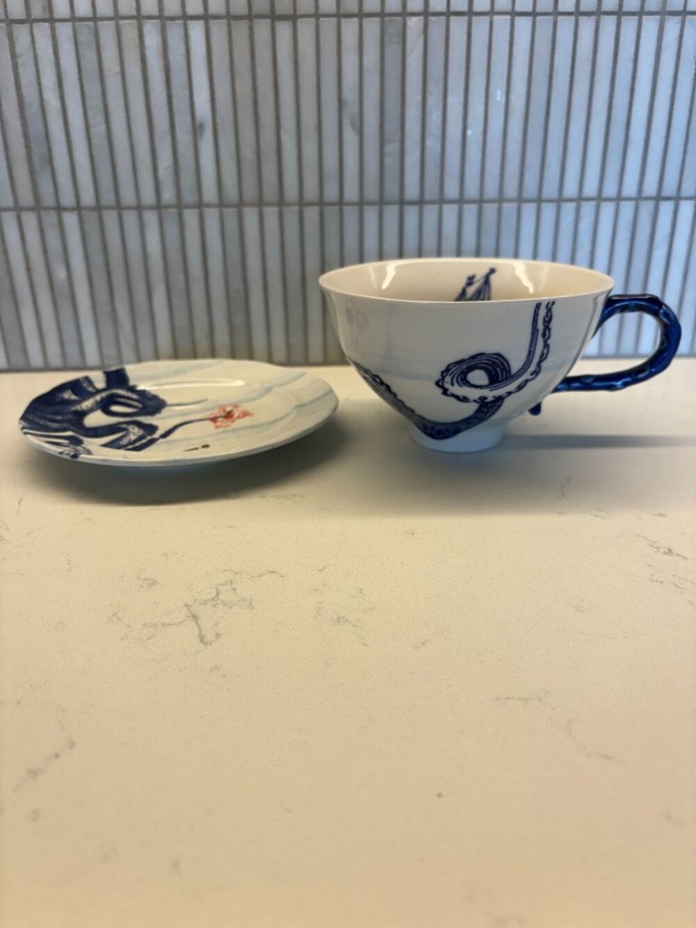 Anthropologie From The Deep Octopus Tea Cup & Saucer Set Blue White